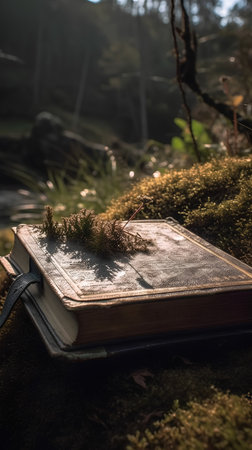 Old book on the ground in the forest. Selective focus.の素材