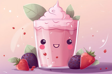 Smiling strawberry milkshake with fresh berries cartoon vector illustration.の素材