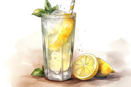 Watercolor illustration of a glass of lemonade with ice, mint and lemon slicesの素材