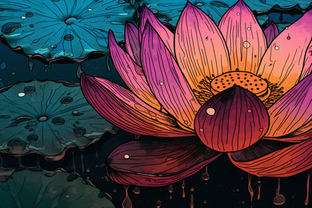 Beautiful seamless pattern with lotus flowers on dark background. Vector illustration.の素材