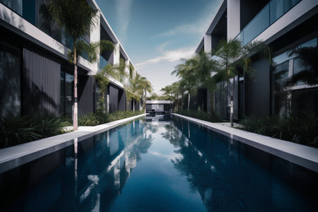 Outdoor swimming pool in luxury hotel. 3d rendering and illustration.の素材