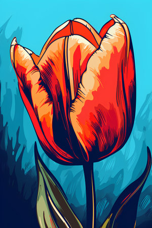Tulip flower vector illustration. Hand drawn tulip flower on blue background.の素材