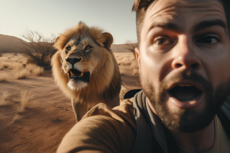 Man taking selfie with his lion in the middle of the desert.の素材