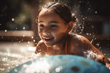 Portrait of a cute little girl playing in a swimming pool.の素材