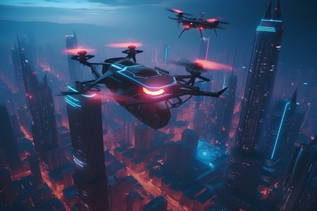 drone flying over the city at night, 3d render illustrationの素材