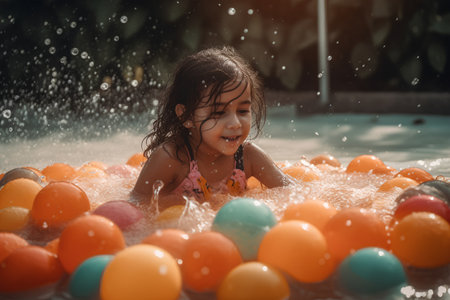 Little girl playing in the swimming pool with water and splashes.の素材