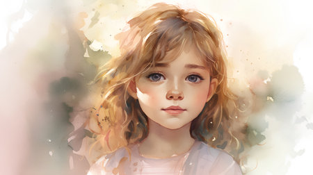 Portrait of a beautiful little girl. Digital watercolor painting.の素材