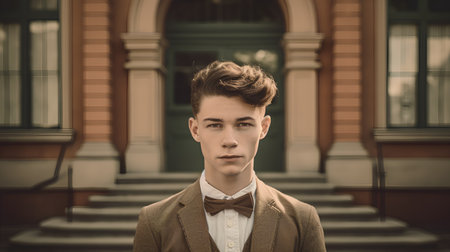 Portrait of handsome young man with short hair and bow-tieの素材