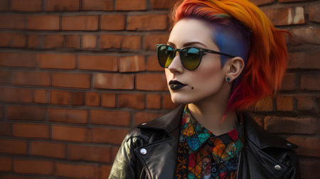 Fashion portrait of young beautiful woman with bright colorful hair and sunglasses.の素材