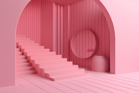 Interior of a room with stairs and mirror. 3d renderingの素材