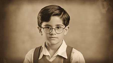 Portrait of a schoolboy in glasses on a vintage background.の素材