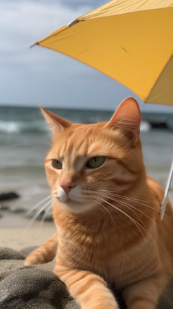 Orange cat sitting under umbrella on the beach. Selective focus.の素材