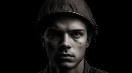 Portrait of a young man in a baseball cap on a dark backgroundの素材