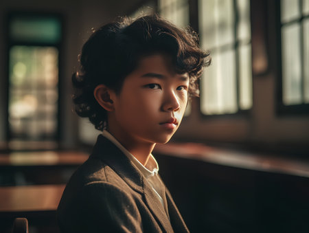 Portrait of young asian man looking at camera in cafe.の素材
