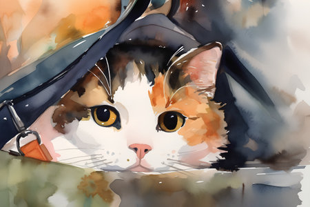 Watercolor portrait of a beautiful cat in a hat. Hand-drawn illustration.の素材