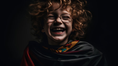 little boy pretending to be a vampire on black background, halloween conceptの素材