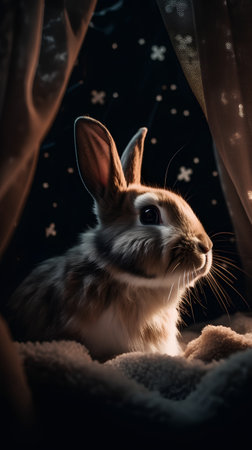 Cute little rabbit sitting on the bed under the window at nightの素材