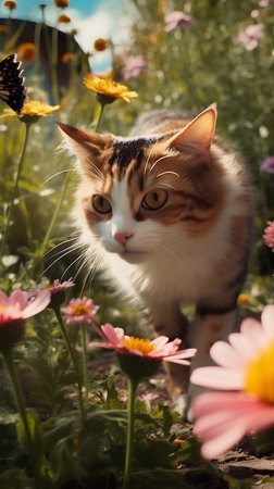 beautiful cat in the garden with daisies in the summerの素材