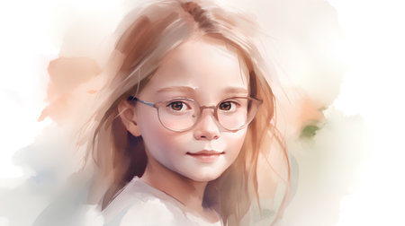 Portrait of a beautiful girl with glasses. Digital watercolor painting.の素材