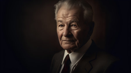 Portrait of an old man in a suit and tie on a dark backgroundの素材