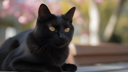 Black cat with yellow eyes sitting on the table. Selective focus.の素材