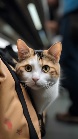Portrait of a cute cat sitting in a backpack on the street.の素材