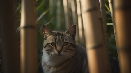 tabby cat sitting on bamboo in the garden, shallow depth of fieldの素材
