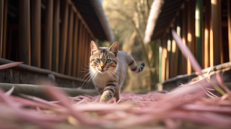 Cute tabby cat playing in the garden at sunset time.の素材