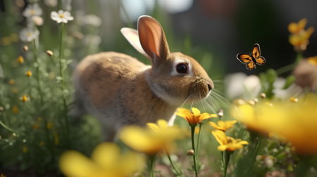 Rabbit and flowers in the garden, shallow depth of field.の素材