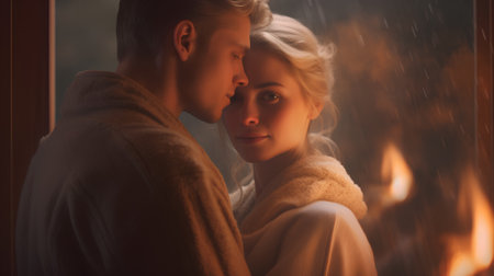 Beautiful young couple in front of the fireplace at home in winter.の素材