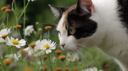 Cat and daisies in the garden, shallow depth of fieldの素材