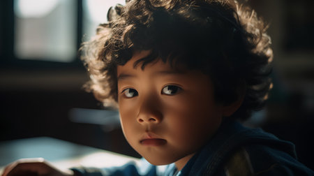 Portrait of a cute little boy looking at camera in a cafeの素材