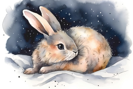 Watercolor illustration of a cute rabbit sitting on the snow in the winter.の素材