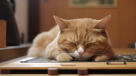 Cute ginger cat lying on the floor and looking at the laptopの素材