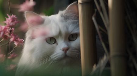 White cat with green eyes looking at the camera in a bamboo gardenの素材