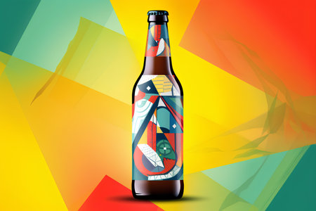 Bottle of beer with abstract geometric pattern on a multicolored backgroundの素材