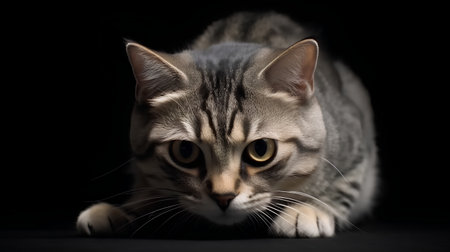 Portrait of American shorthair cat on black background. Studio shot.の素材