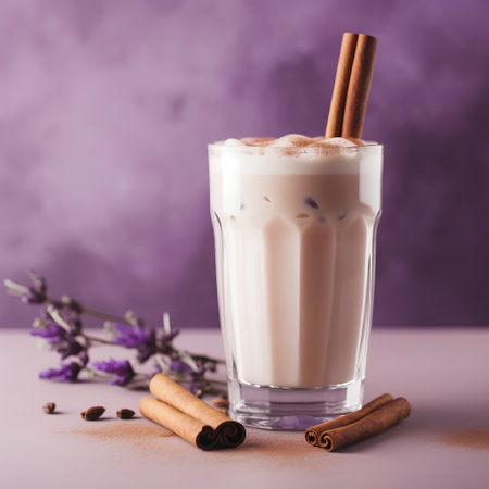 Coffee latte with cinnamon sticks and lavender flowers on purple backgroundの素材