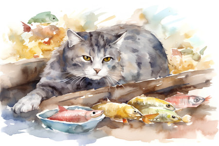 Cute cat and fish. Watercolor illustration on white background.の素材