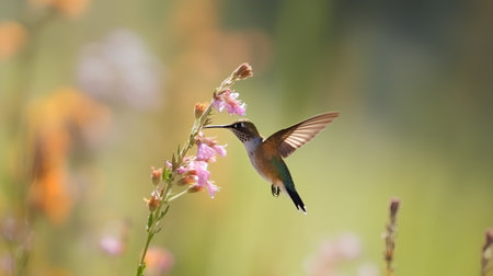 Ruby-throated Hummingbird (archilochus colubris) feeding on pink flowerの素材