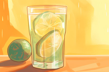 Illustration of a glass of lemonade with lime and ice.の素材