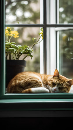 Cute ginger cat sleeping on the windowsill in the morning.の素材