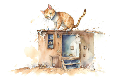 Cute ginger cat sitting on the chimney. Watercolor illustration.の素材