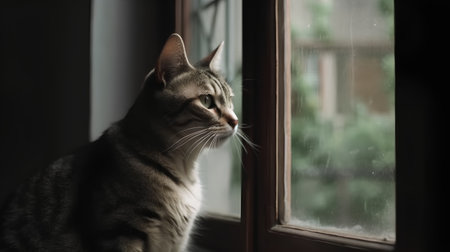 Cute tabby cat looking out the window in the evening.の素材