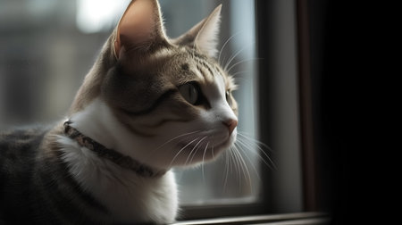 Cute cat looking out the window. Shallow depth of field.の素材