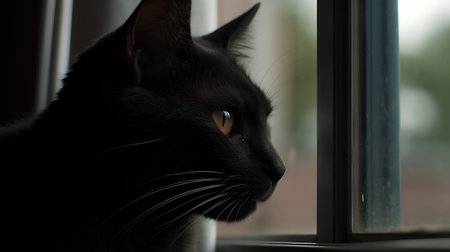 Portrait of a black cat looking out the window. Selective focus.の素材
