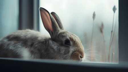 Cute little rabbit sitting on the windowsill and looking out the windowの素材