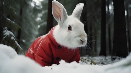 White rabbit in a red coat on the background of a winter forestの素材