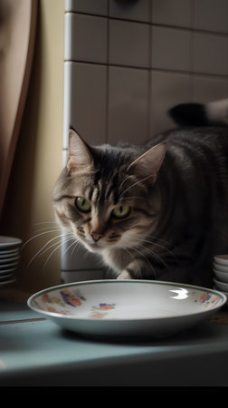 Cute tabby cat sitting on a plate in the kitchen.の素材