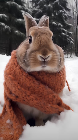 Rabbit in a scarf on a background of the winter forest.の素材